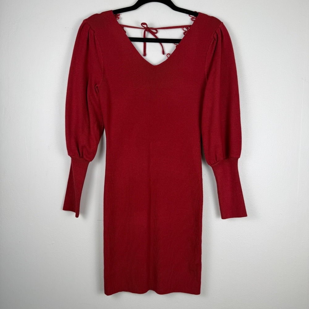 BTFBM Sweater Dress Women's Small Red Knit V-Neck Lace Trim Puff Sleeve Pullover